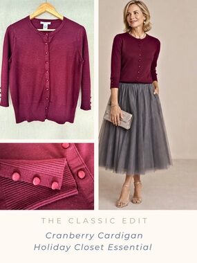 Grace | Cranberry Cardigan Sweater | Satin Covered Buttons | 3/4 Sleeve | Medium